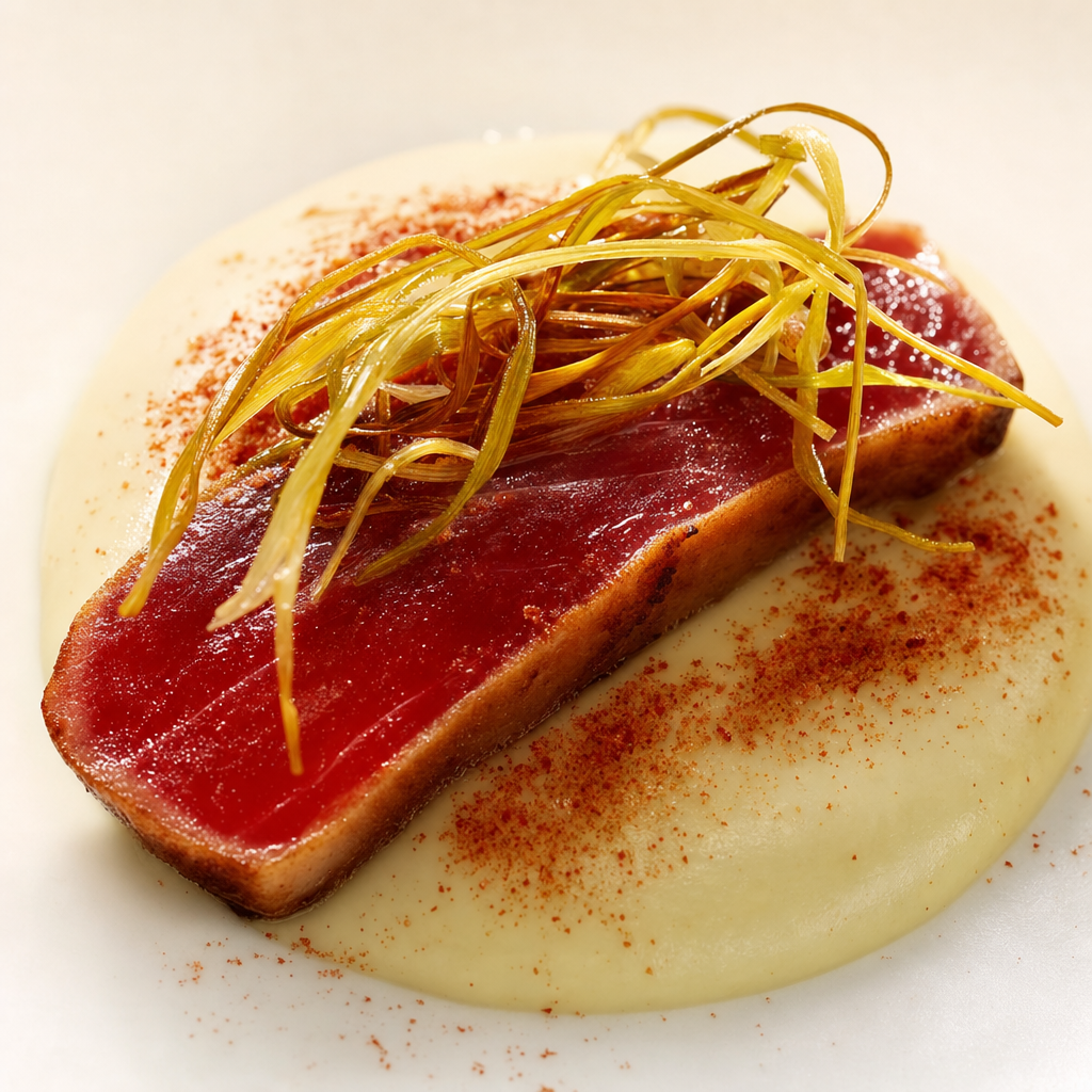 Ventresca de atún rojo con crema de puerro generada por IA