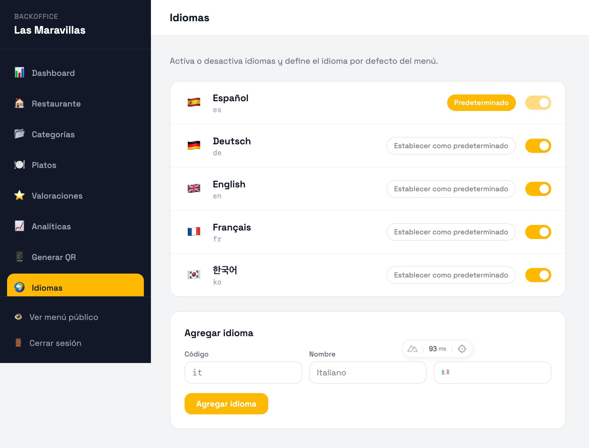 Panel de idiomas de Gustela