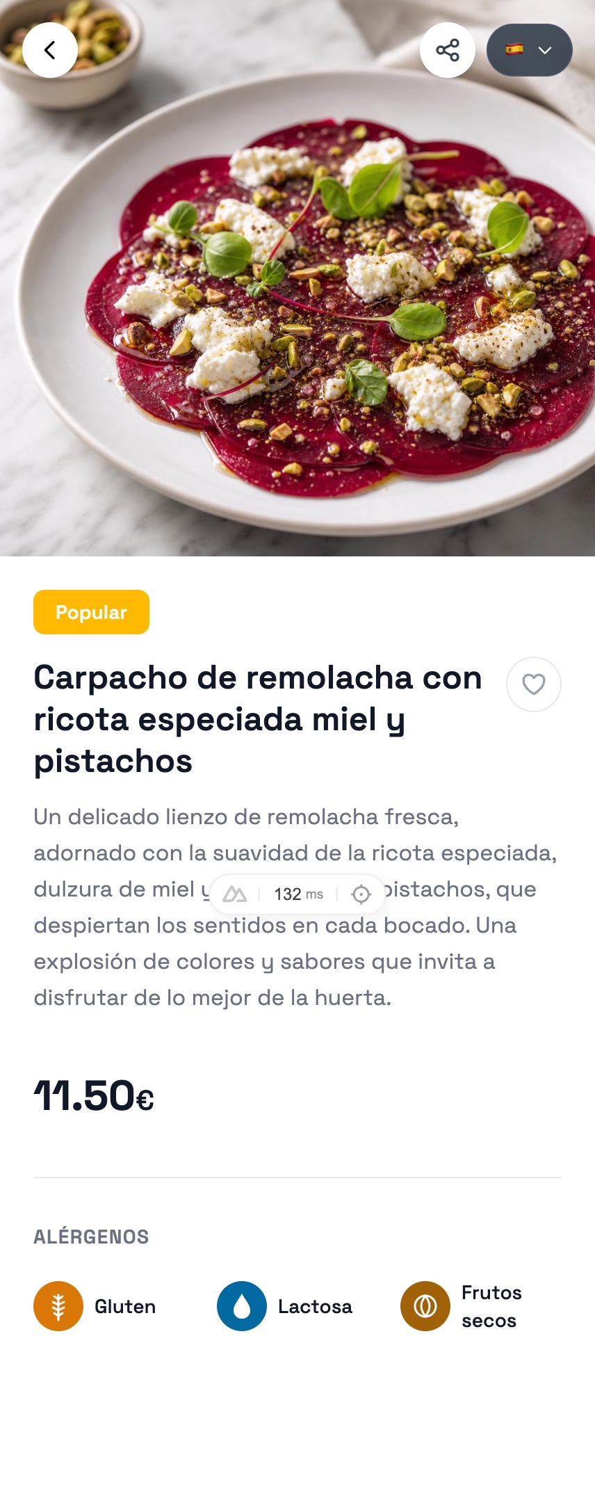 Detalle de plato con alérgenos en Gustela
