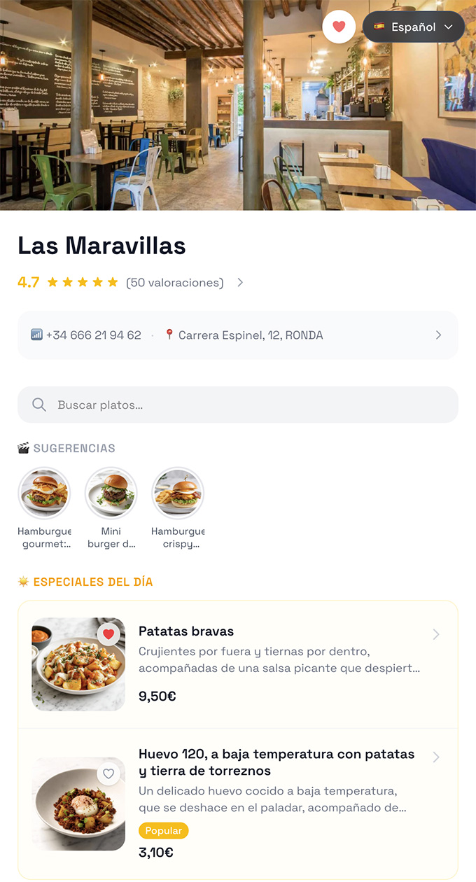 Ficha de plato en Gustela con badge Popular, acompañamientos sugeridos e icono de favorito activo